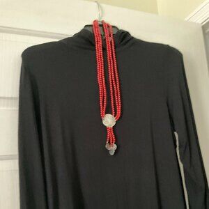 Red coral bead necklace with 925 silver coins